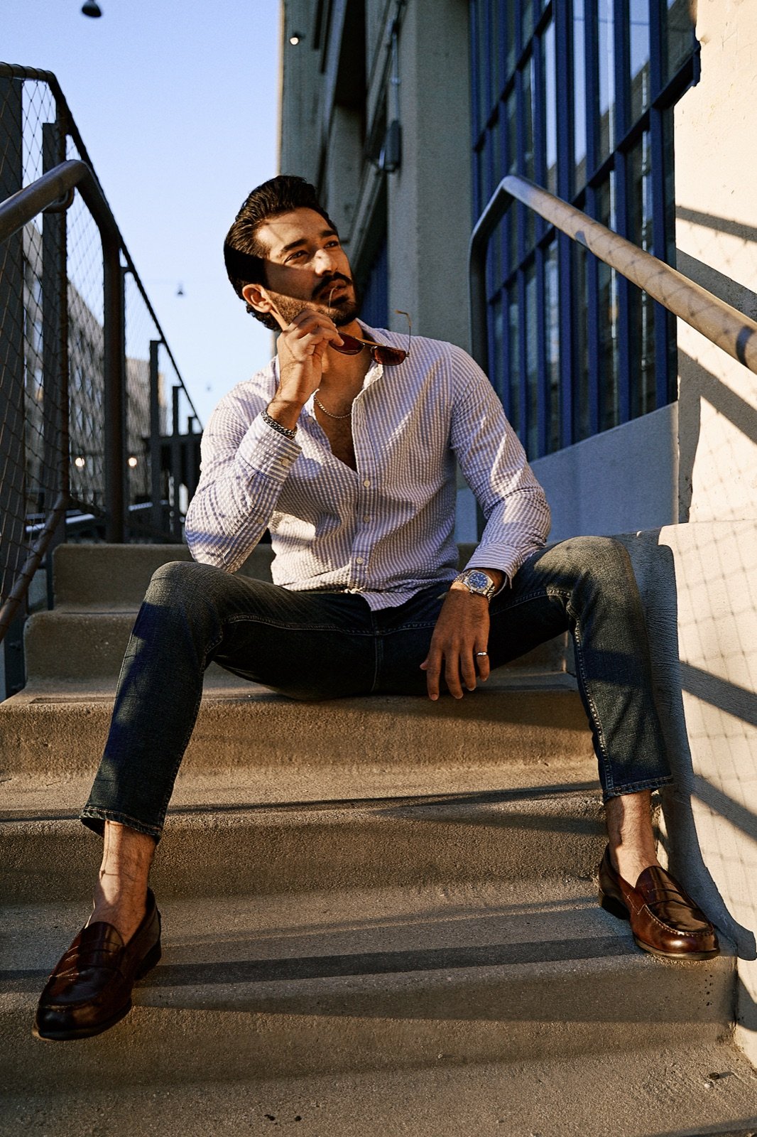 White shirt on the stairs