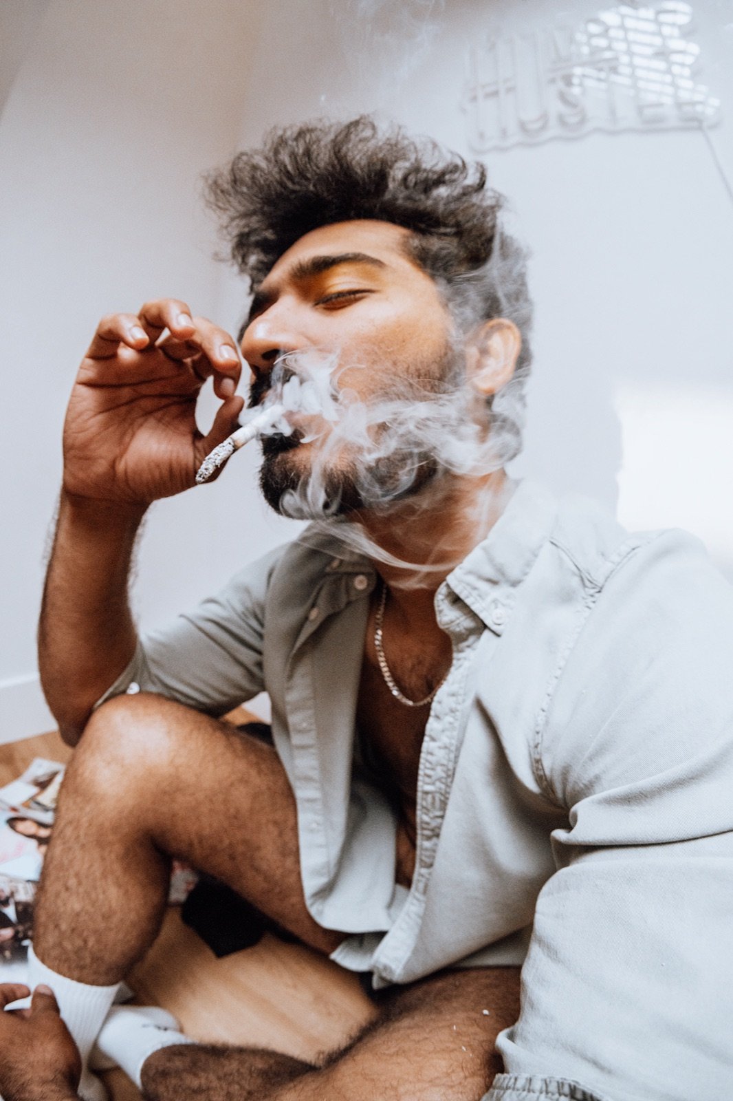 Exhaling smoke