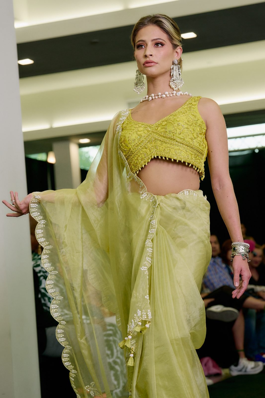 Green organza saree, close