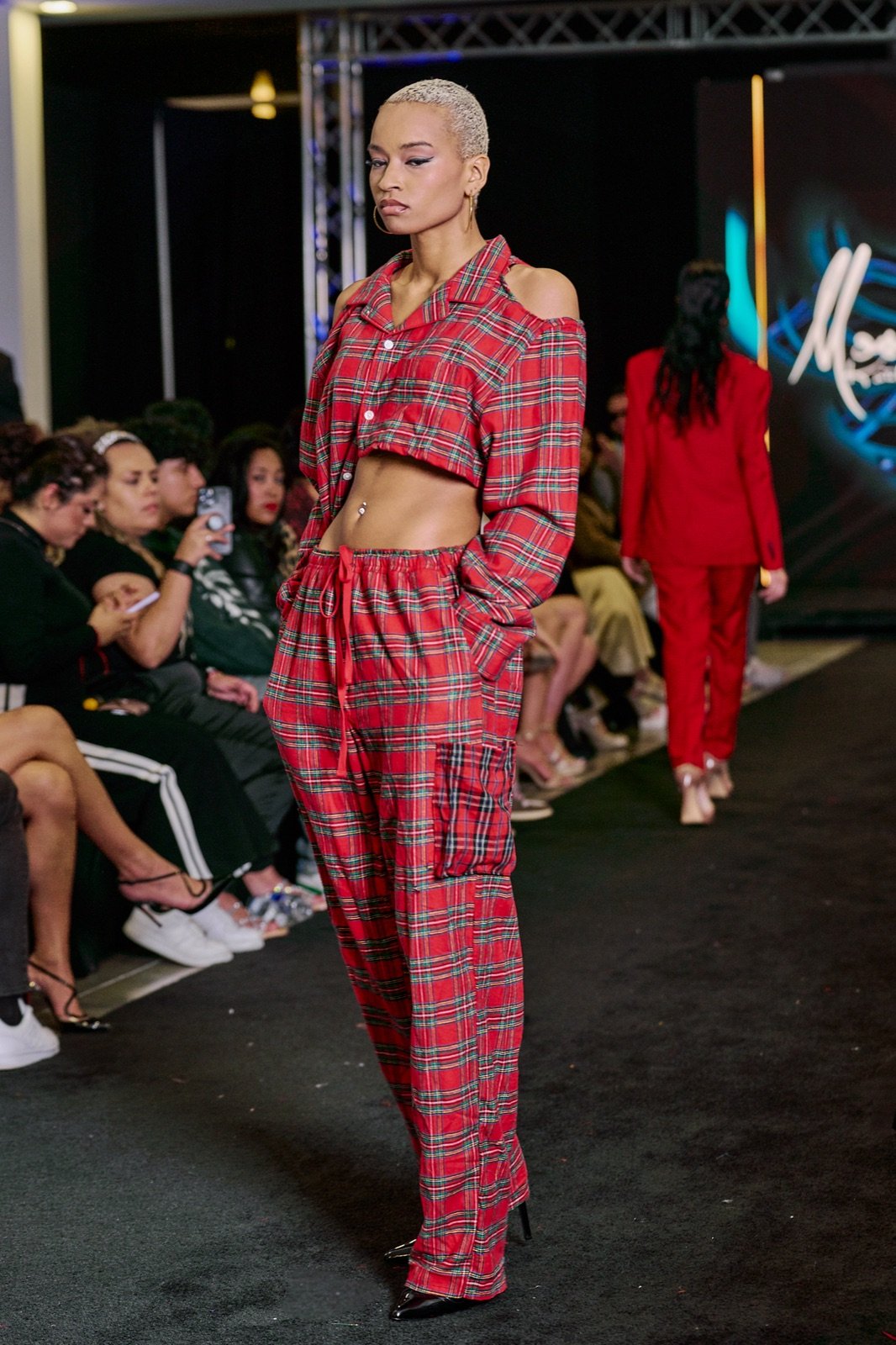 Red plaid off-shoulder set