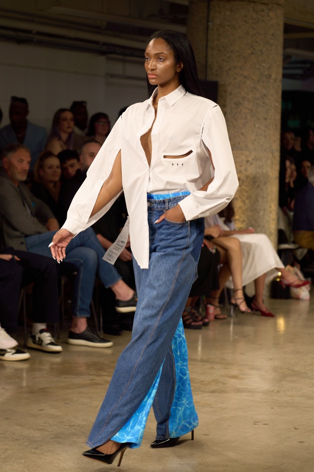 White shirt and patchwork jeans